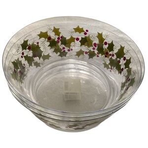 (3) Holiday Plastic Nesting Bowls 10” around x 4.5” high with Holly. Cle…